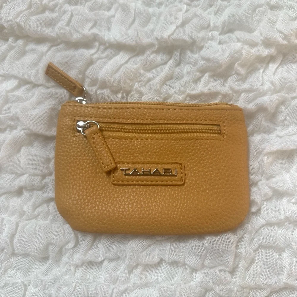 Tahari Leather Wallet Card Holder with Zipper Closure Mustard Color